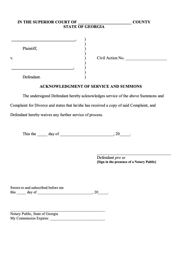 Acknowledgment Of Service And Summons Online Divorce Forms In Georgia 