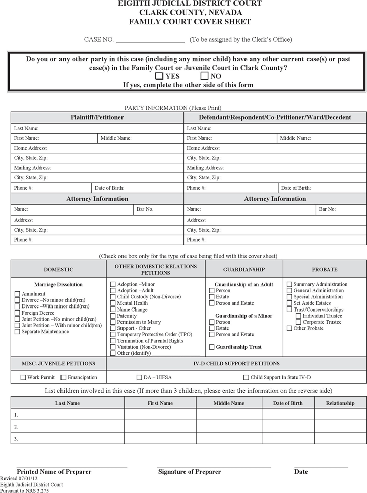 Free Nevada Family Court Cover Sheet PDF 22KB 2 Page s 